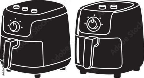 Two black and white stylized air fryers side by side, isolated on white background, vector illustration.