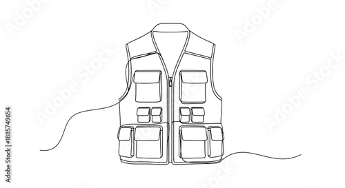 Minimalist single line drawing of a practical fishing vest with multiple pockets and a zipper on a white background