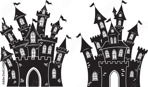 Two black and white stylized medieval castles with flags, representing fantasy and fairytales, vector illustration.