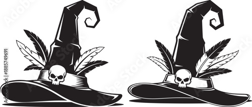 Two black and white witch hats adorned with skulls and feathers, mystical Halloween symbols, vector illustration.