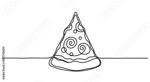 Minimalist single line drawing of a delicious slice of pizza with swirls and circles representing toppings on a white background