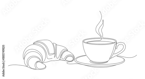 Simple hand drawn line art illustration of a delicious croissant pastry next to a steaming cup of hot coffee on a saucer