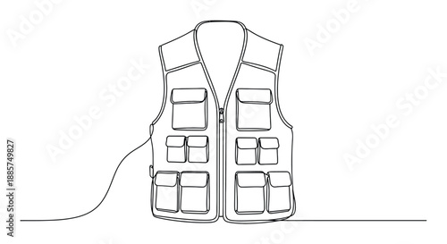Minimalist continuous line drawing of a practical fishing vest with multiple pockets showcasing outdoor adventure and preparedness