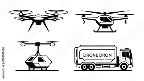 Drone fleet concepts: A set of drone and truck illustrations, symbolizing the transport and technology of aerial vehicles. 