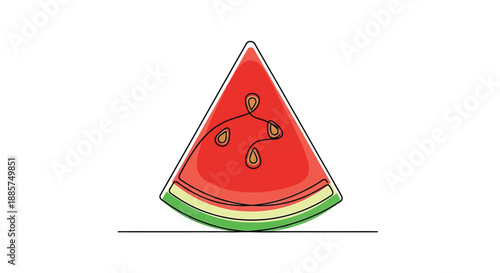A vibrant triangular slice of juicy red watermelon with green rind and yellow flesh featuring black seeds and a playful dotted outline isolated on a white background for summer themes