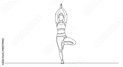 Minimalist single line drawing of a woman performing the vrikshasana yoga pose with arms raised in a studio setting