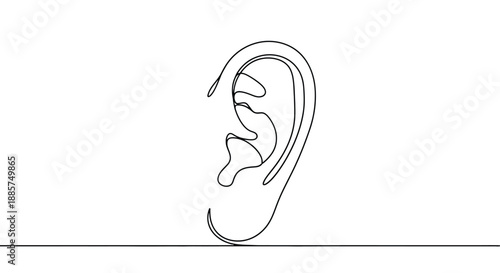 Minimalist single line drawing of a human ear on a white background representing listening and hearing in a simple artistic style