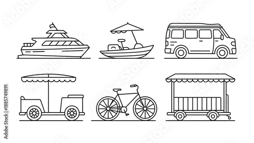 Transportation Mode Illustration: A collection of various transportation modes in line art style, showcasing diverse vehicles.