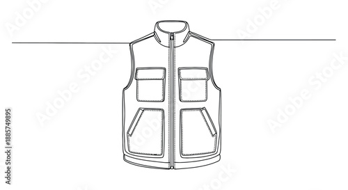 Hand drawn sketch illustration of a functional outdoor utility vest with multiple pockets and a zipper closure hanging on a line
