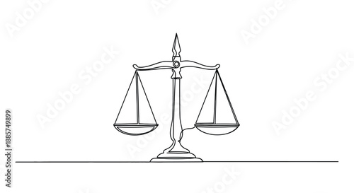 Simple line drawing of a traditional justice scale representing law fairness equality and legal decisions on a white background