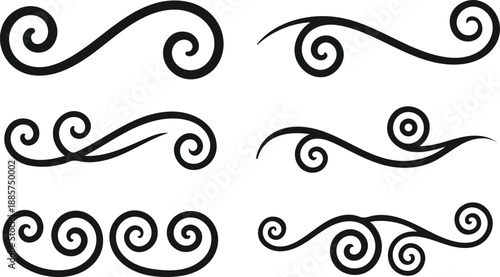 Collection of elegant black decorative flourishes and ornate swirl elements on a white background for graphic design