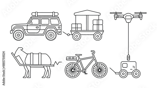 Evolution of Transport: An illustration showing several modes of transportation from the past to the present, from a donkey cart to a drone.