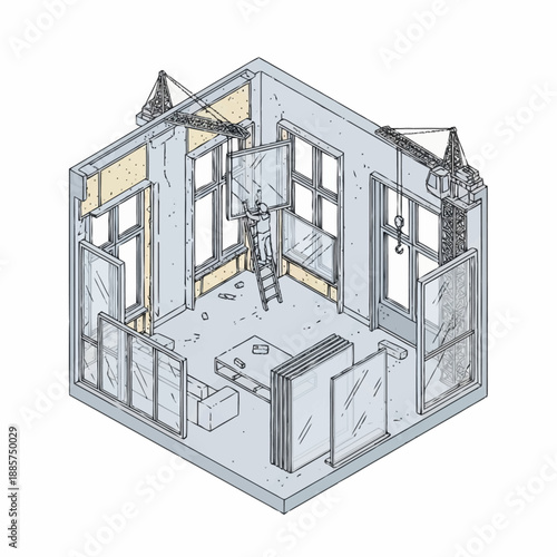 Isometric House Renovation Interior Design Illustration.