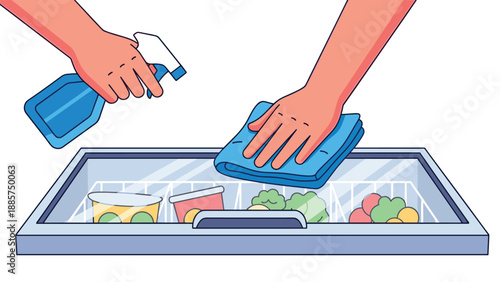 Two hands diligently cleaning the interior of an open freezer, using a spray bottle and a cloth to maintain hygiene and organization.