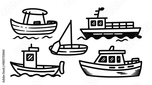 Boat Illustrations: A charming collection of various boat illustrations, each uniquely crafted with distinct designs, presenting a maritime array of vessels for aquatic adventures.