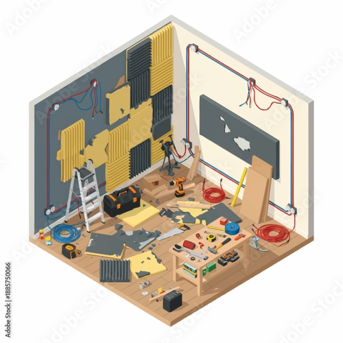Isometric Office Renovation with Construction Tools.