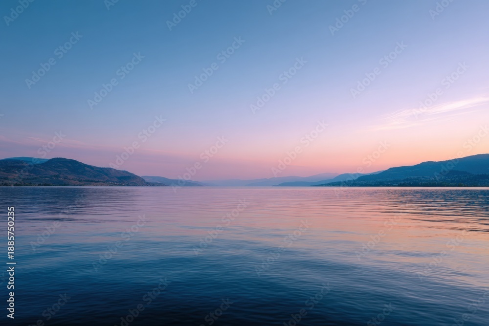 Fototapeta premium Serene lakeside sunrise with calm waters and mountain silhouette