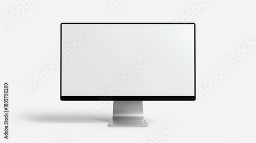 Front-facing desktop computer monitor featuring a slim black bezel and silver aluminum stand on a blank white screen. The design boasts a clean, minimalistic aesthetic with modern technology elements.
