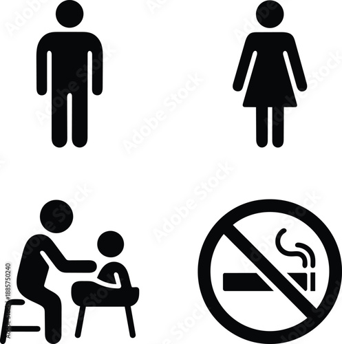 Collection of universal prohibition and informational icons including male female restroom signs haircut and no smoking symbols