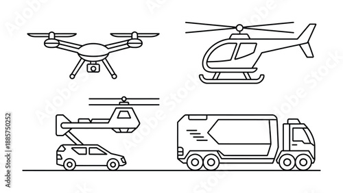 Aviation and Transport Illustration: Featuring drone, helicopter, air taxi, and futuristic truck, showcasing innovative technology and transportation methods.
