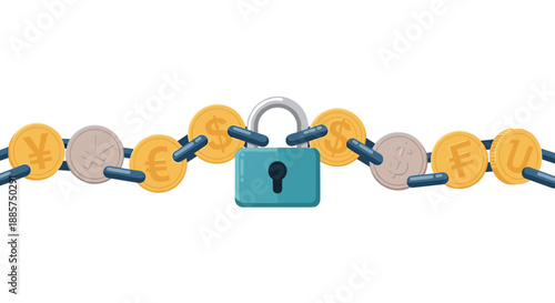 Secure padlock linked by chains to a diverse array of international currency coins, including Yen, Euro, Dollar, and Pound, symbolizing global financial security and market stability.