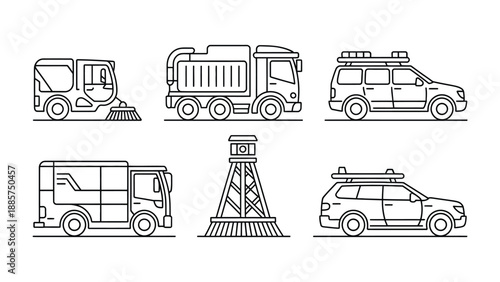 Vehicular Variety: An array of detailed line art showcases a diverse collection of vehicles, including a street sweeper, a truck, an SUV, a box truck, a light tower, and another SUV.