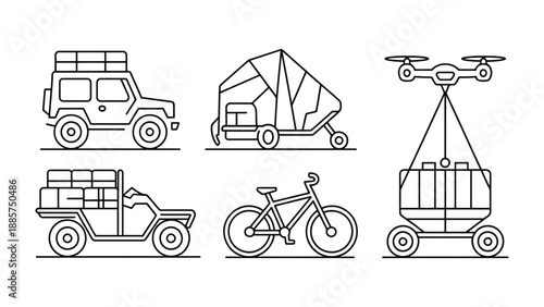 Transportation Collection: Collection of transportation icons, each one telling a different story of movement, from the rugged journey of an off-road vehicle to the silent flight of a drone.