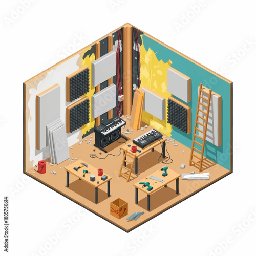Isometric View of Music Recording Studio Interior.