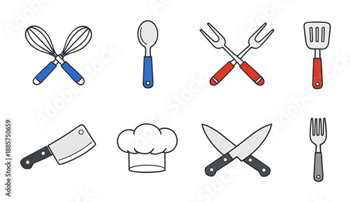 Kitchen utensils and chef hat cooking icons set