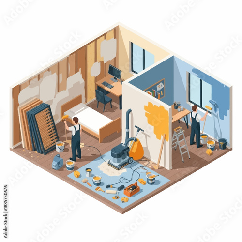 Isometric View of Painters Renovating Interior Space.