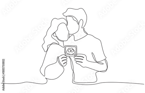 Continuous one line drawing of couple showing ultrasound photo card of pregnancy, future family concept, single line art.