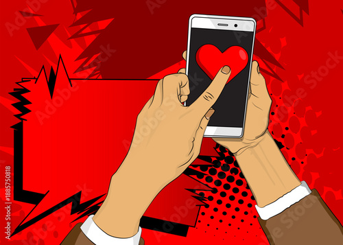 Cartoon Smartphone, comic book Telephone with Red Heart. Retro vector comics pop art design.