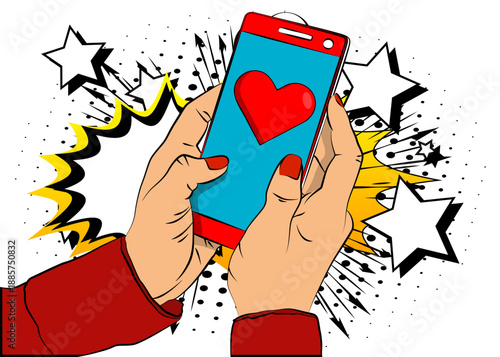 Cartoon Smartphone, comic book Telephone with Red Heart. Retro vector comics pop art design.