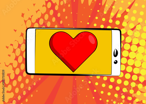 Cartoon Smartphone, comic book Telephone with Red Heart. Retro vector comics pop art design.