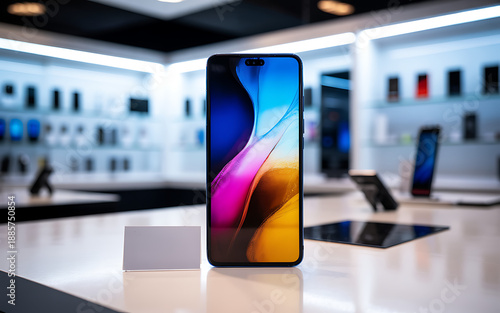 Modern Smartphone on Counter in Bright Electronics Retail Store