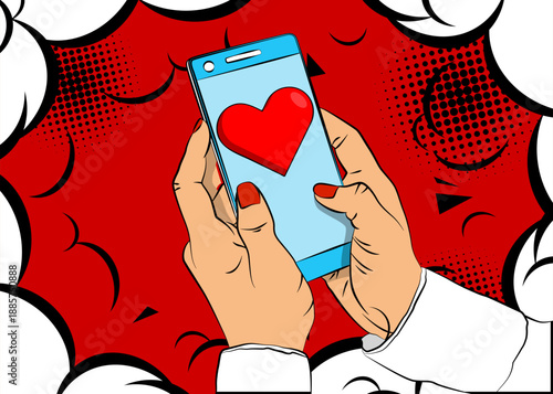 Cartoon Smartphone, comic book Telephone with Red Heart. Retro vector comics pop art design.