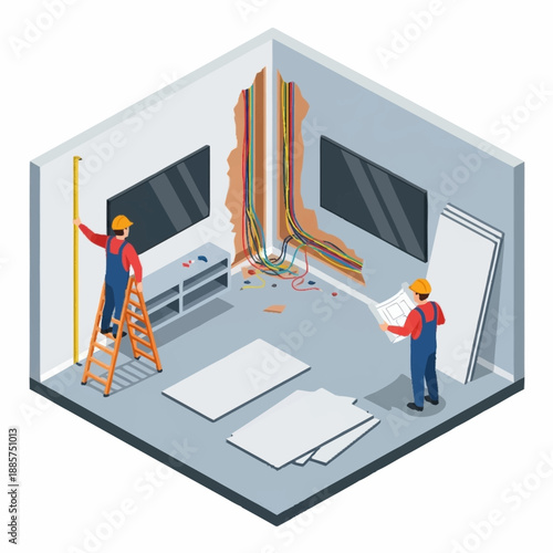 Two Workers Installing Drywall in Room.