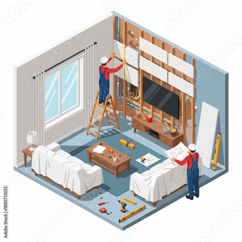 Workers Installing Furniture in Modern Room.