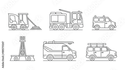 Line Art Vehicles: A collection of various vehicles, including a street sweeper, tanker truck, and emergency vehicles, is meticulously presented in a clean, minimalist line art style. 