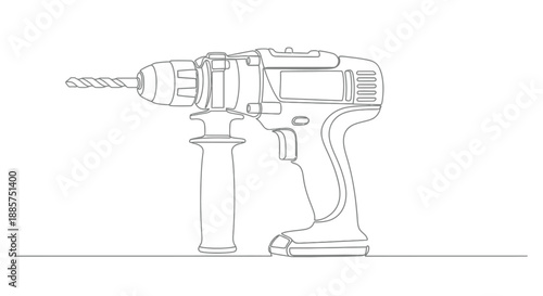 Detailed line drawing illustration of a cordless power drill with a handle and chuck against a white background