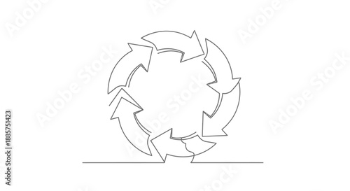 Continuous loop of arrows forming a circle representing endless cycle of renewal and sustainability in a simple line art style