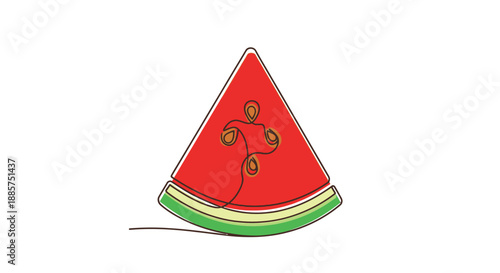 A vibrant hand drawn illustration of a single slice of juicy red watermelon with black seeds and green rind on a white background