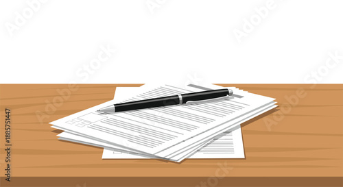 Organized stack of important documents with a sleek pen resting on top, all situated on a clean wooden desk, symbolizing paperwork, contracts, and professional work.