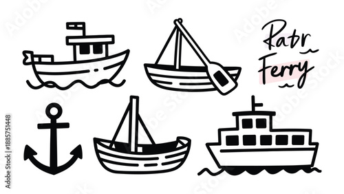 Sea Vessels and Nautical Emblem: A charming ensemble of nautical illustrations, featuring an array of boats, each with its unique charm, accompanied by a symbolic anchor.