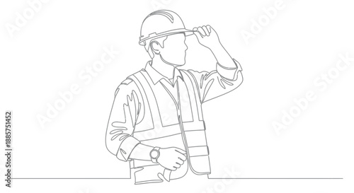 Continuous line drawing of a construction worker wearing a hard hat and safety vest looking to the side with a confident expression