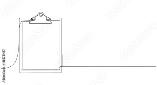 Minimalist single line drawing of a blank clipboard with a clip at the top and a long horizontal line extending to the right on a white background