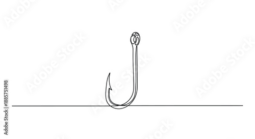 A single sharp fishing hook with a line attached isolated on a clean white background symbolizing angling and the pursuit of a catch