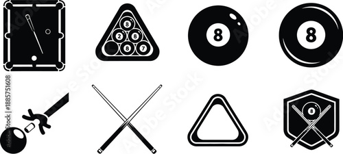 Billiards, pool, or snooker with table with pockets and  eight-ball pool vector icons illustration.  