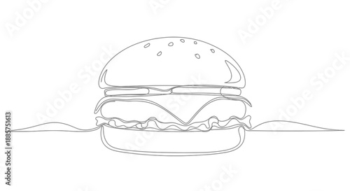 Minimalist hand drawn line art illustration of a delicious cheeseburger with lettuce and bun on a white background