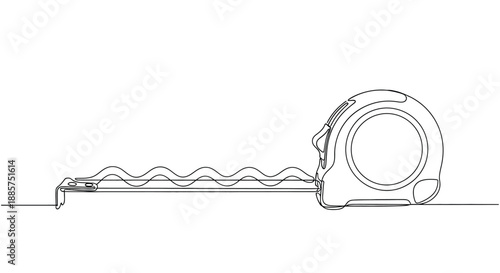 Continuous line drawing of a retractable tape measure tool with its wavy metal tape extended against a clean white background